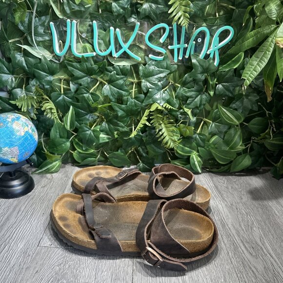 Birkenstock Sandals Size 41 10 Yara Leather Ankle Strap Toe Loop Habana Brown - Picture 4 of 7
